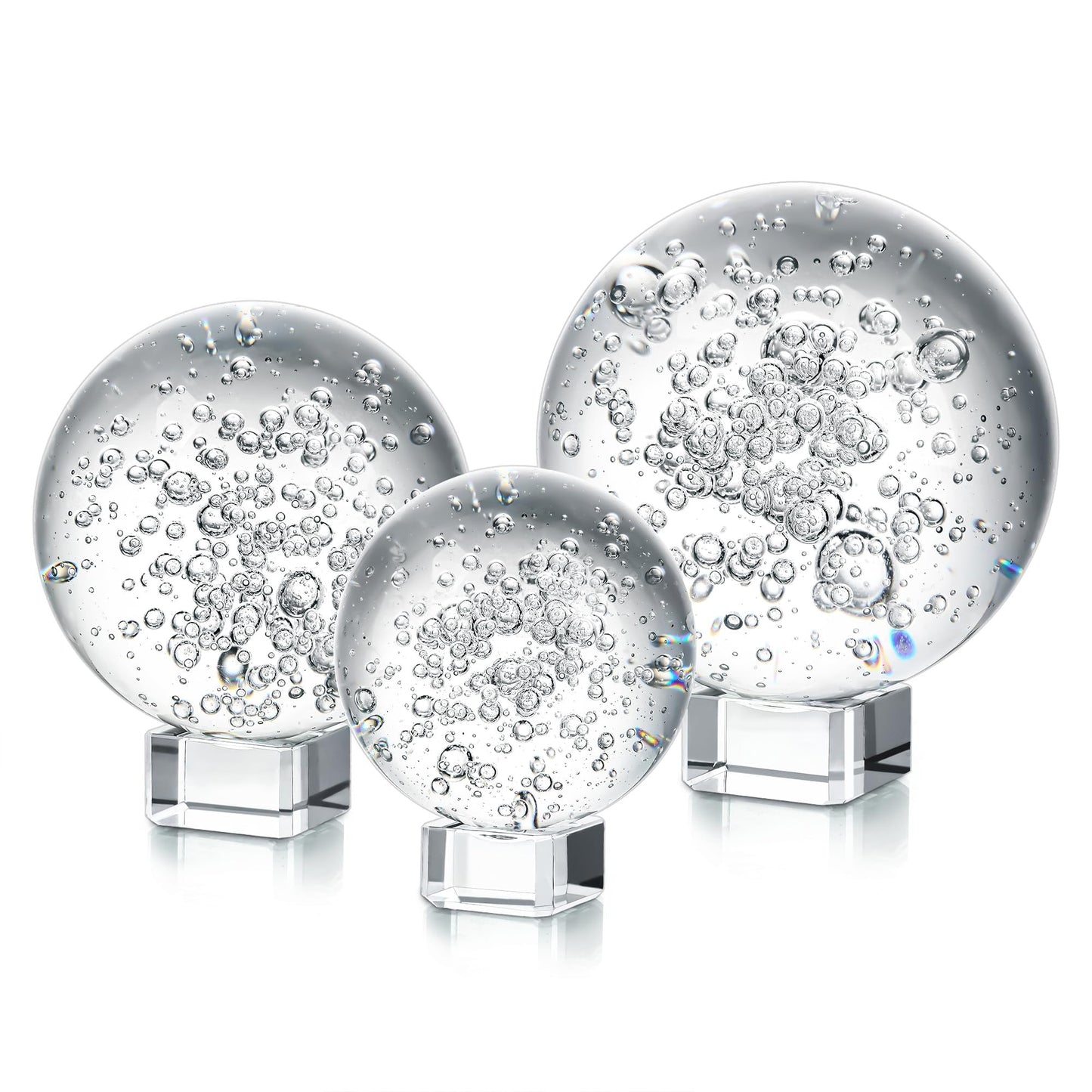 Crystal Ball Set of 3 K9 Bubble Glass Decorative Spheres with Stands