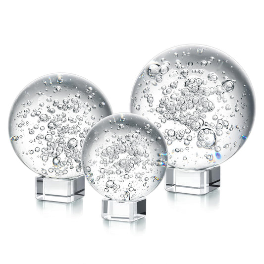 Crystal Ball Set of 3 K9 Bubble Glass Decorative Spheres with Stands