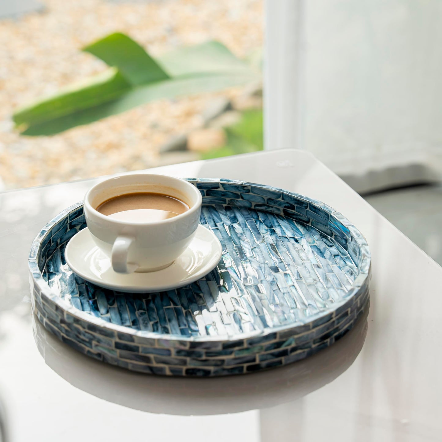 PEMAR Mother of Pearl Decorative Round Tray, 11-Inch Handmade Mosaic Inlay Vanity Tray for Dresser, Coffee Table & Bathroom Decor - Luxury Small Serving Tray for Jewelry, Perfume & Candles (Dark Blue)