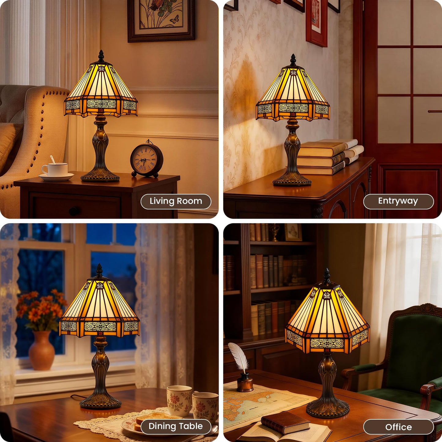 Drqvonth Tiffany Table Lamp, 8" W x 14.3" H Amber Stained Glass Desk Lamp