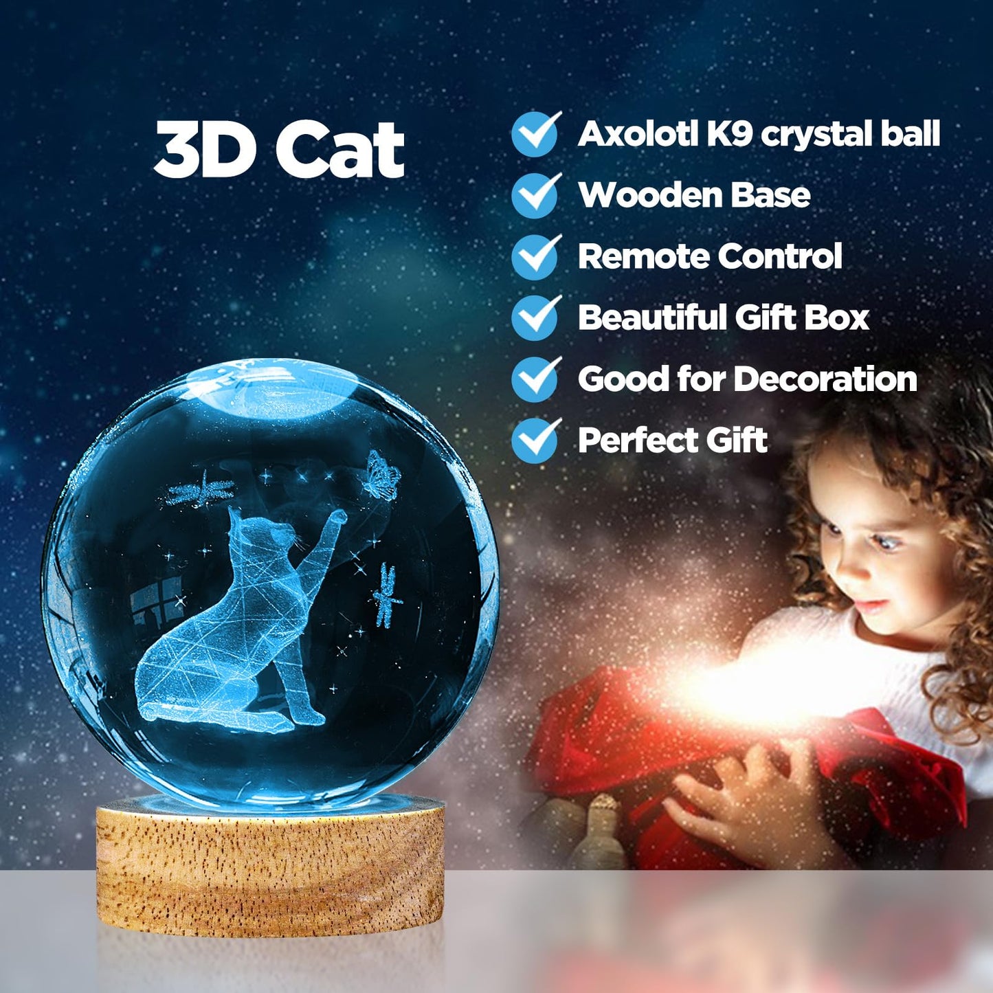 PYMIN3D 3D Crystal Cat Ball Night Light 3.15in K9 Lamp With 16 Colors Change Wooden Base and Remote Control Christmas Gifts for Cat Lovers Girl Women Friends