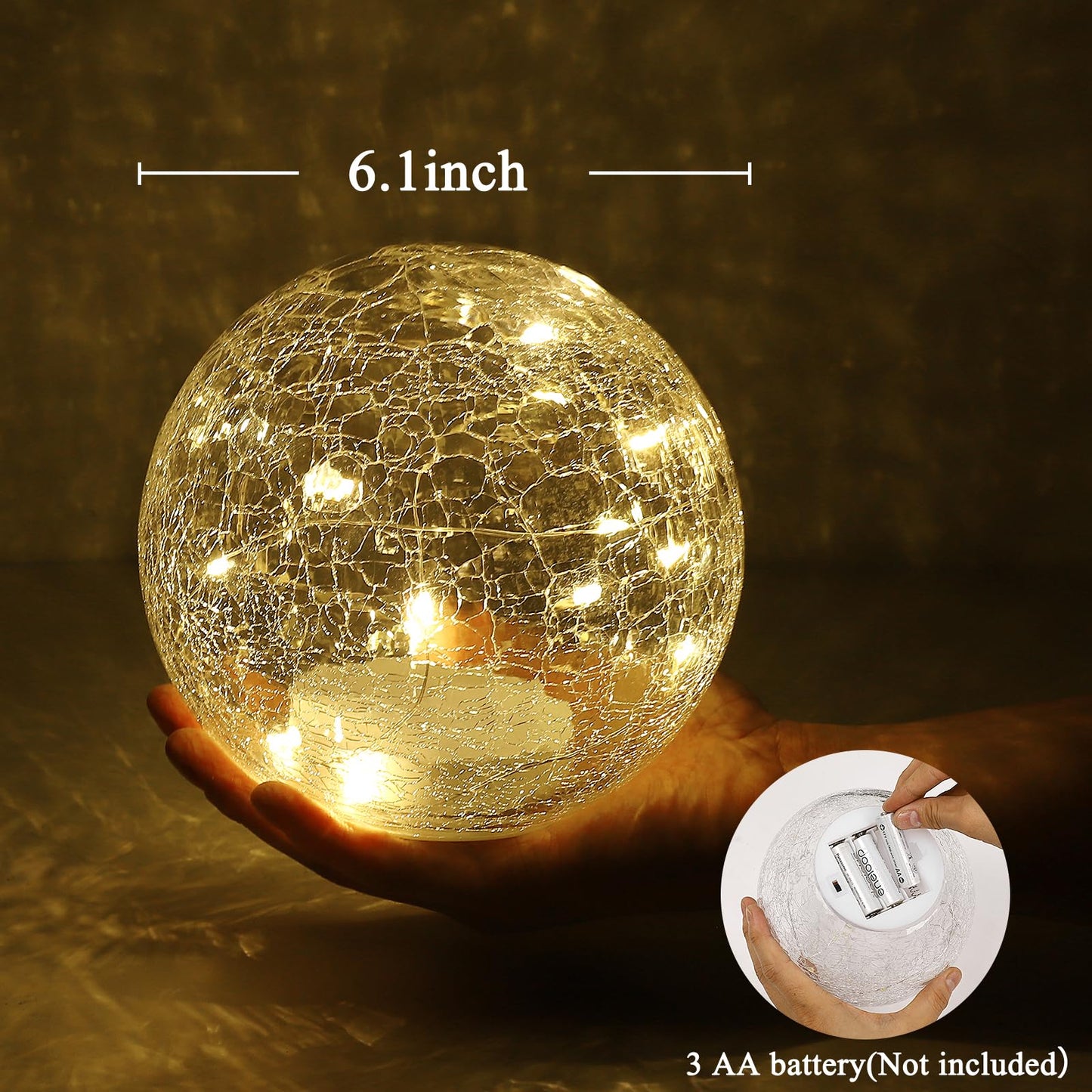 6 Inches Crackle Globe LED Lamp Battery Operated, Gold Mercury Crackled Glass Ball Light with Bottom Switch for Festival Christmas Decoration, Home Living Room Indoor