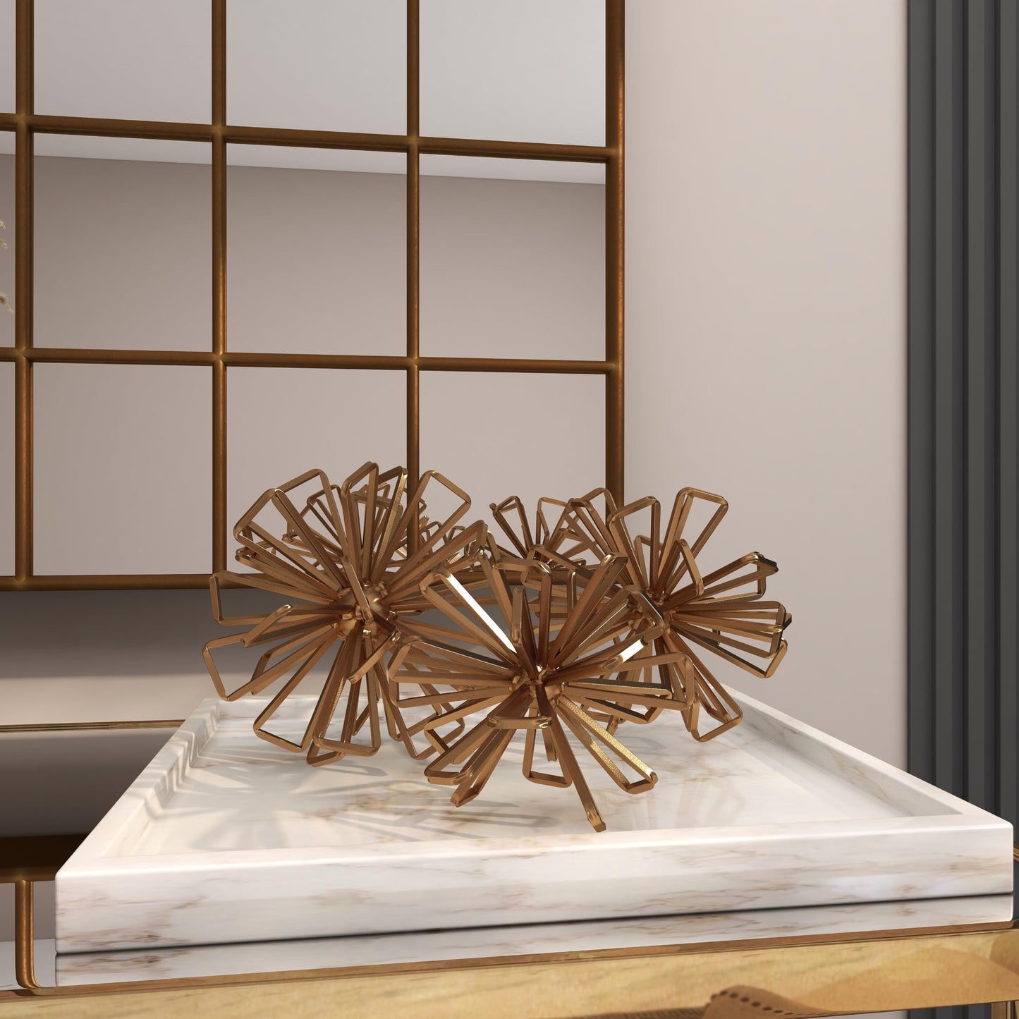 Deco 79 Metal Geometric Decorative Sculpture Wire Rod Orb Home Decor Statues, Set of 3 Accent Figurines 8", 7", 6"W, Gold