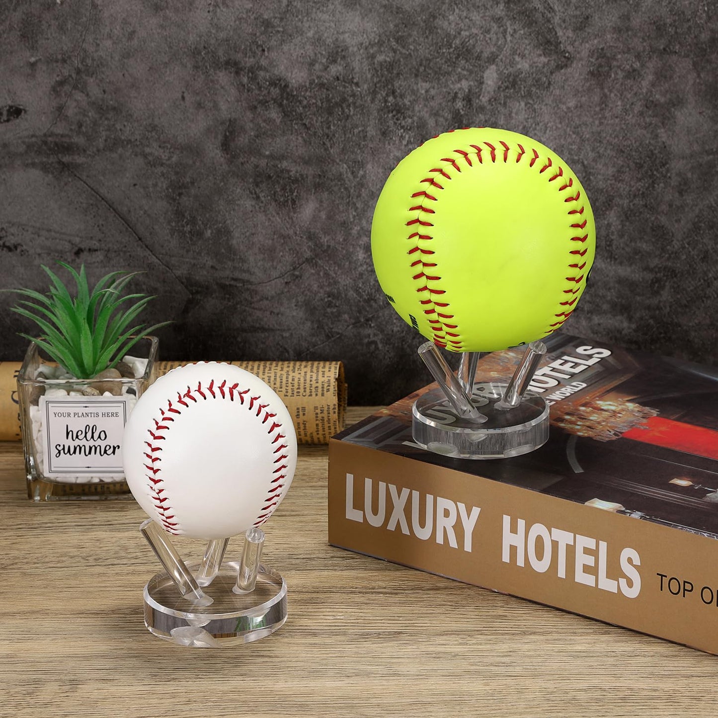 GUSHBIN 2 Packs Acrylic Softball Display Pedestal Sphere Stand with Round Holder for Baseball Tennis Golf Clear Rock Holder for Fossil Minerals, 2.4 Inch x 1.9 Inch