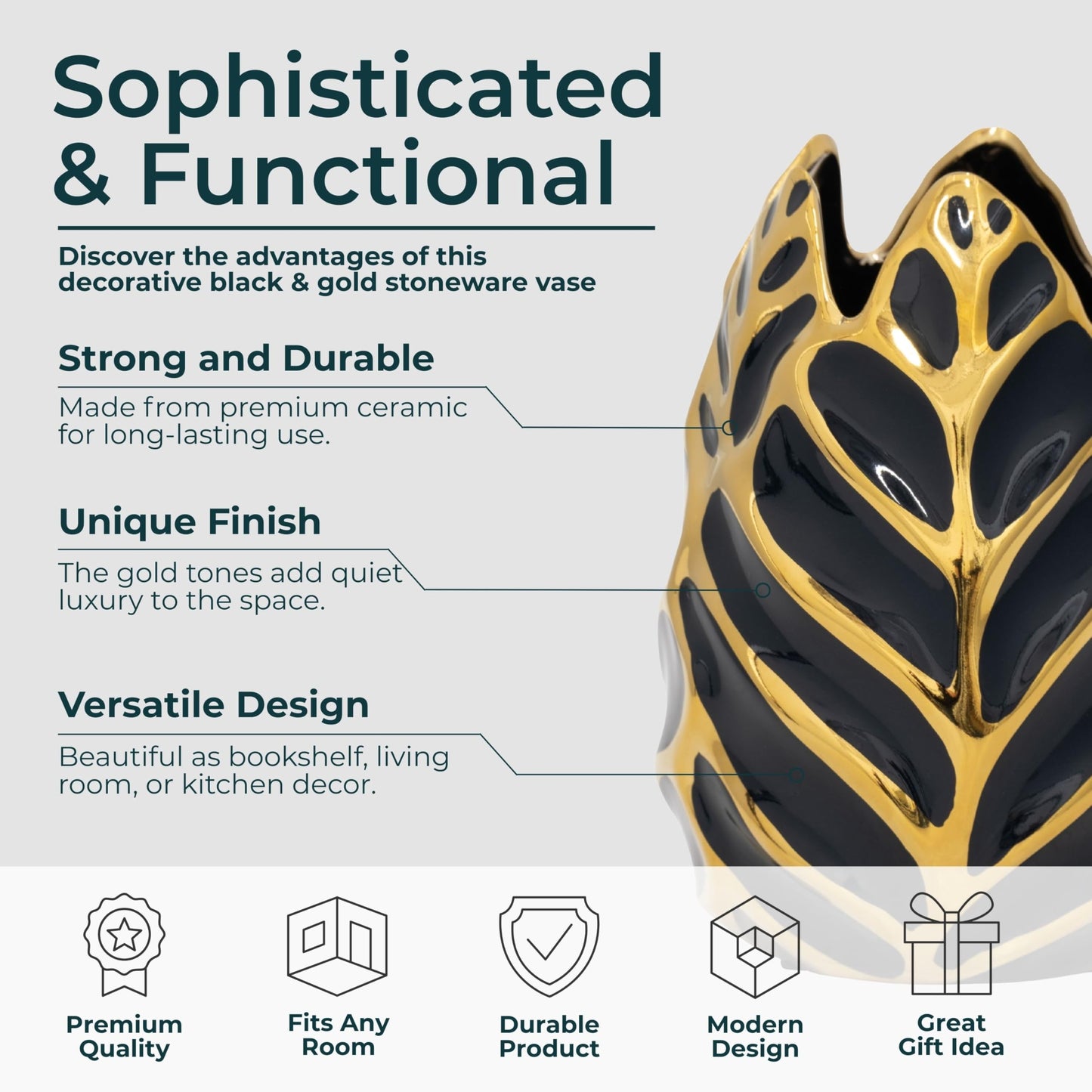 Sculpted Leaf Ceramic Vase – Modern Flower Vase for Fresh or Faux Stems, Tabletop Decor for Living Room or Office – Flower Holder Accent, Home Decor – 8", Dark Navy Blue & Gold Finish