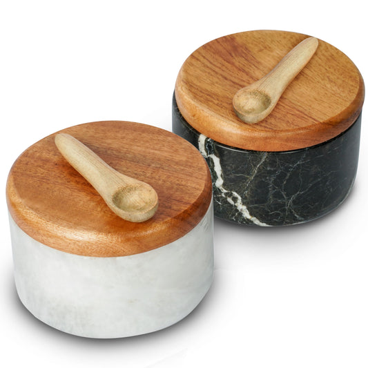 UMAID Marble Salt and Pepper Bowls | Set of 2 Solid Bianco White & Graphite Grey Marble Cellars with Lids and Spoons | Handcrafted Salt & Pepper Containers for Kitchen Countertop