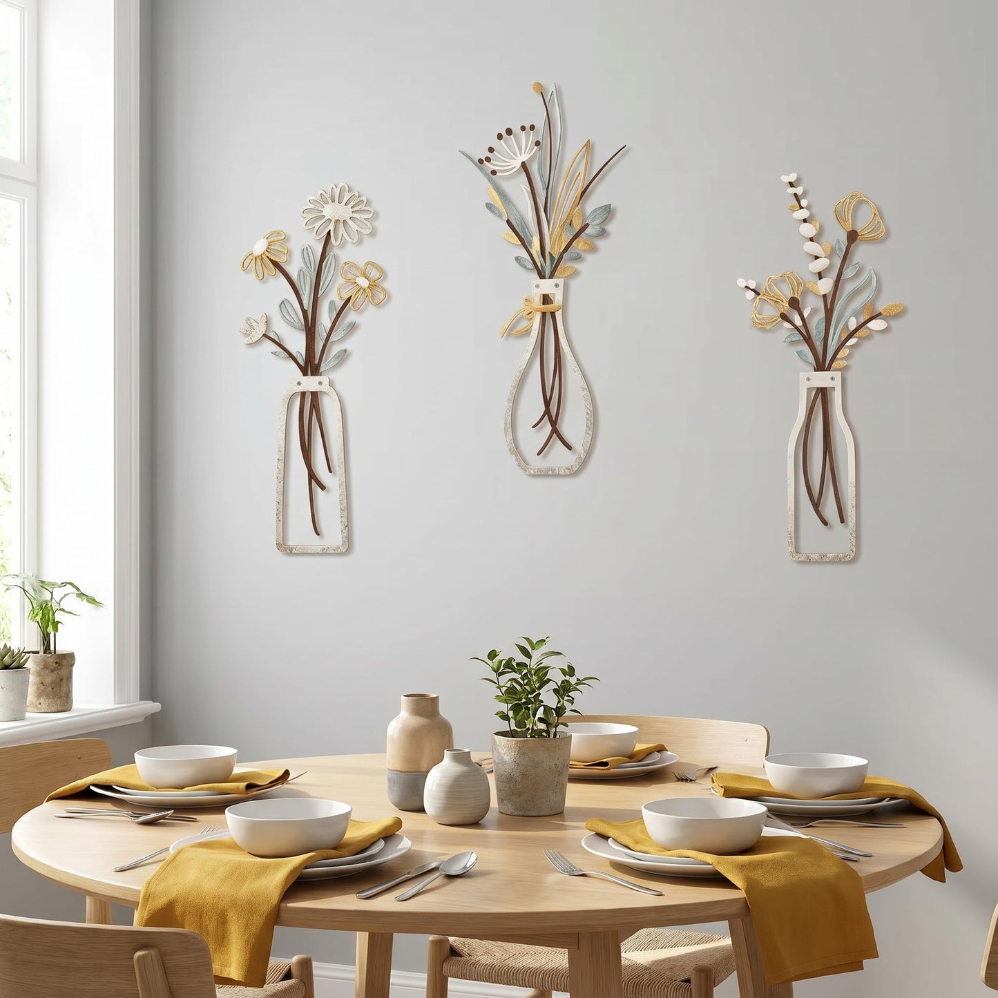 NCzhaozhao 3 Pieces White Metal Flower Vase Wall Art Sculptures | Minimalist Botanical Wall Decor for Living Room Bathroom Bedroom Kitchen Farmhouse Home Decor