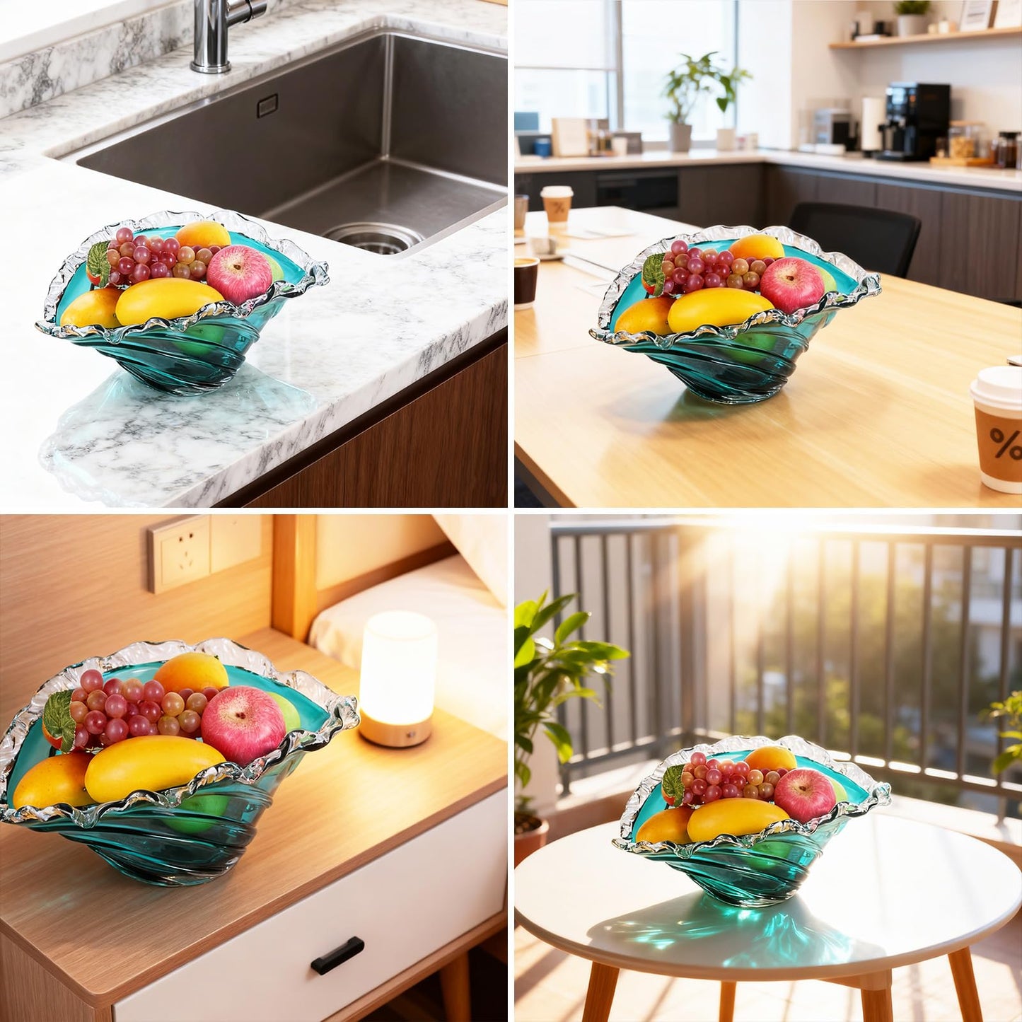 16in Fruit Bowl, Blue Glass Fruit Bowl - Hand-Blown Blown Glass Art Vortex Wave-Shaped Ruffled Rim Large Bowl, Crystal-Like Decorative Bowl for Home Decor, Centerpiece Bowl & Housewarming Gift