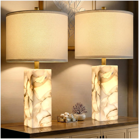 Scenekoy Alabaster Table Lamp Set of 2 with Night Light for Bedroom Living Room, 23" Rotary Switch Bedside Lamp with Linen Shade, Modern Nightstand Lamps for Room Office Dorm (Bulb Included)