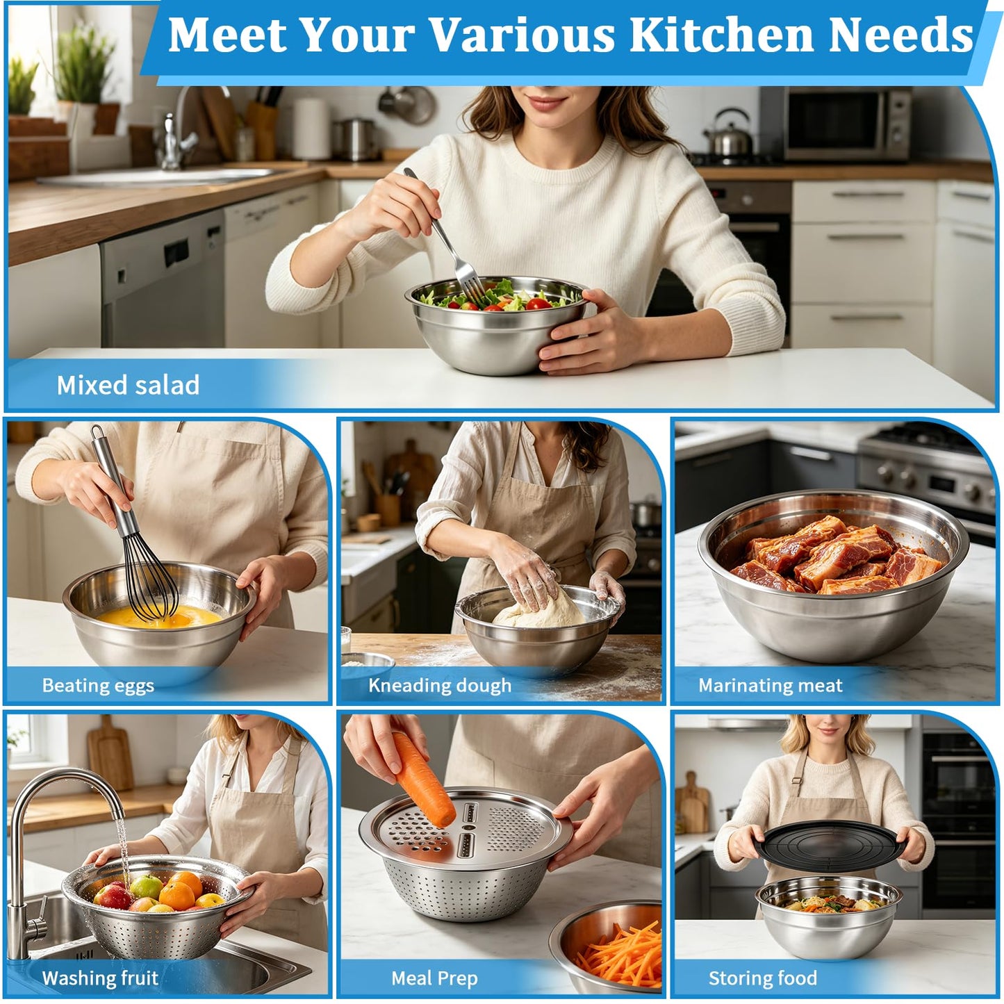 Mixing Bowls Set-9 Pcs Stainless Steel Mixing Bowls with Lid, Grater, Colander, Egg Whisk and Separator, Multipurpose Kitchen Metal Bowls for Mixing, Preping, Serving, Size 6.3, 4.3, 3.6, 2.9QT