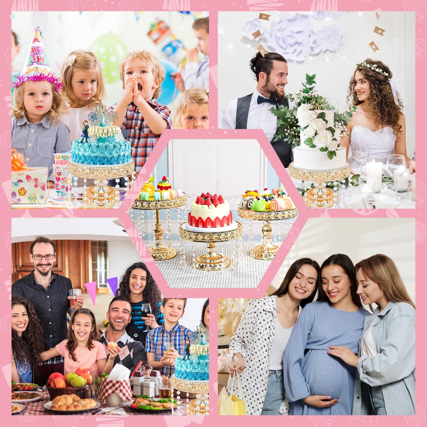 3 PCS Round Cake Stand with Crystal Bling Pendants European Style Lace Cake Plate Golden Premium Display Stand with Crystal Bling Pendants Dessert Showcase Set for Birthday Parties,Wedding,Banquet
