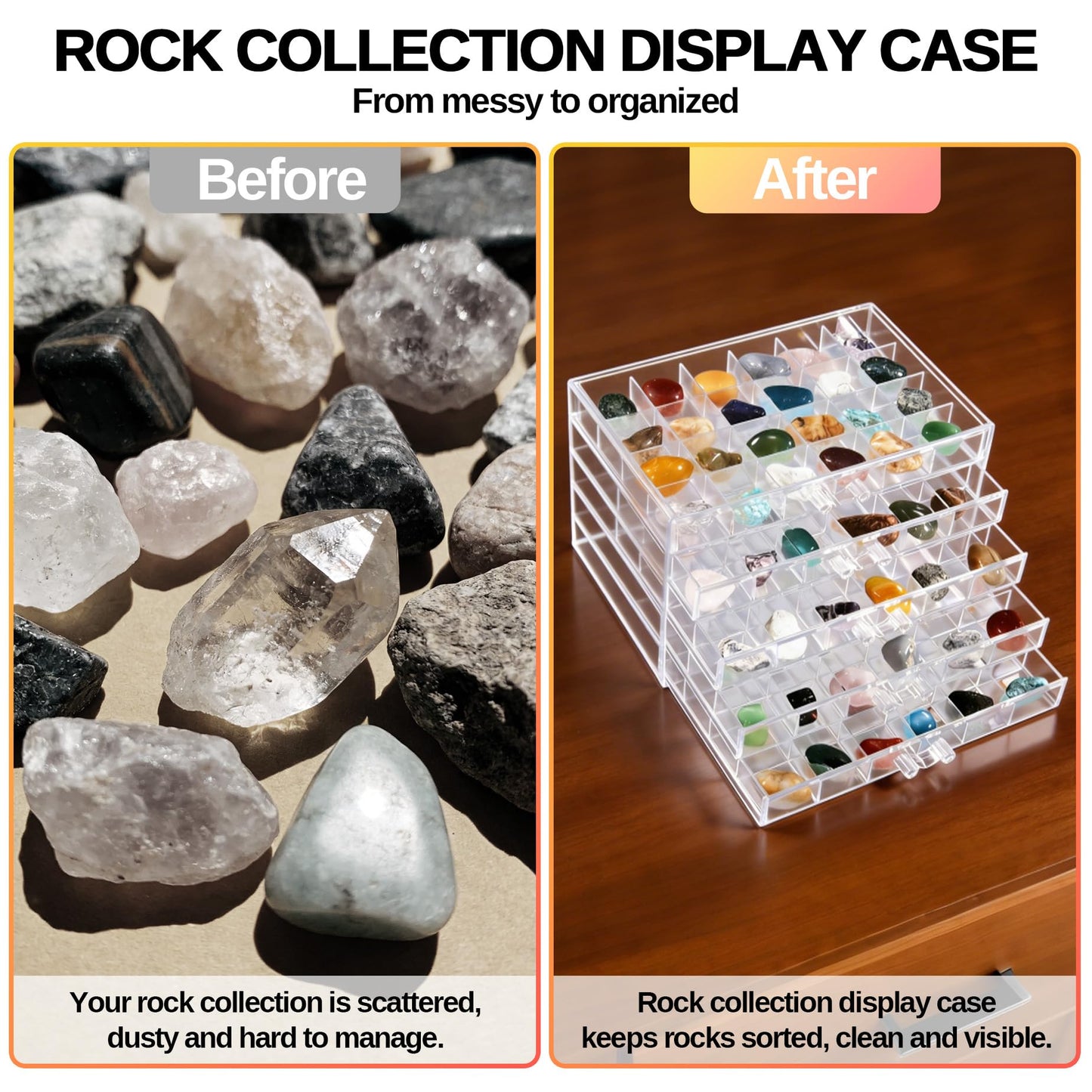 Legrape Rock Collection Box for Kids, 120 Grid Rock Collection Display Case, Clear Rock Storage Box for Gemstones Fossils Minerals