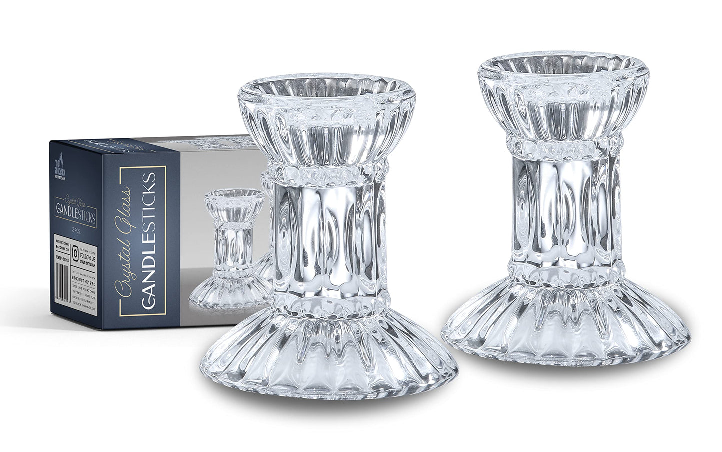 Ner Mitzvah Crystal Candle Holder Set of 2 - Crystal Glass 3" Tall Candlestick Holders for Taper Candles