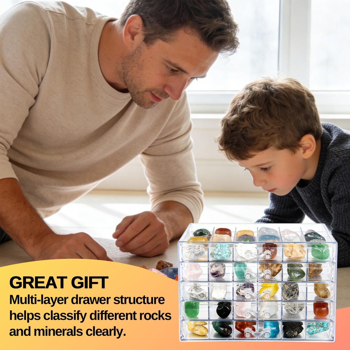 Legrape Rock Collection Box for Kids, 120 Grid Rock Collection Display Case, Clear Rock Storage Box for Gemstones Fossils Minerals
