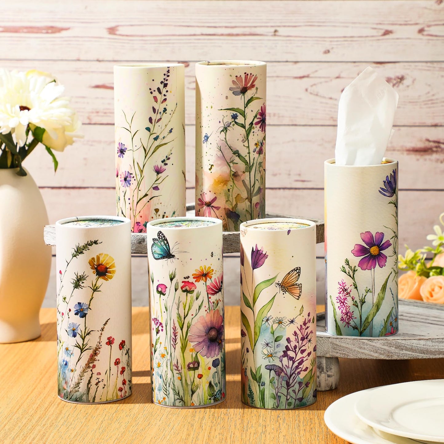 Layhit 12 Pcs Car Tissues Holder Round Facial Tissues Boxes Vintage Floral Printed Travel Cylinder Cube Holder Bulk for Car Cup Container(Flowers)