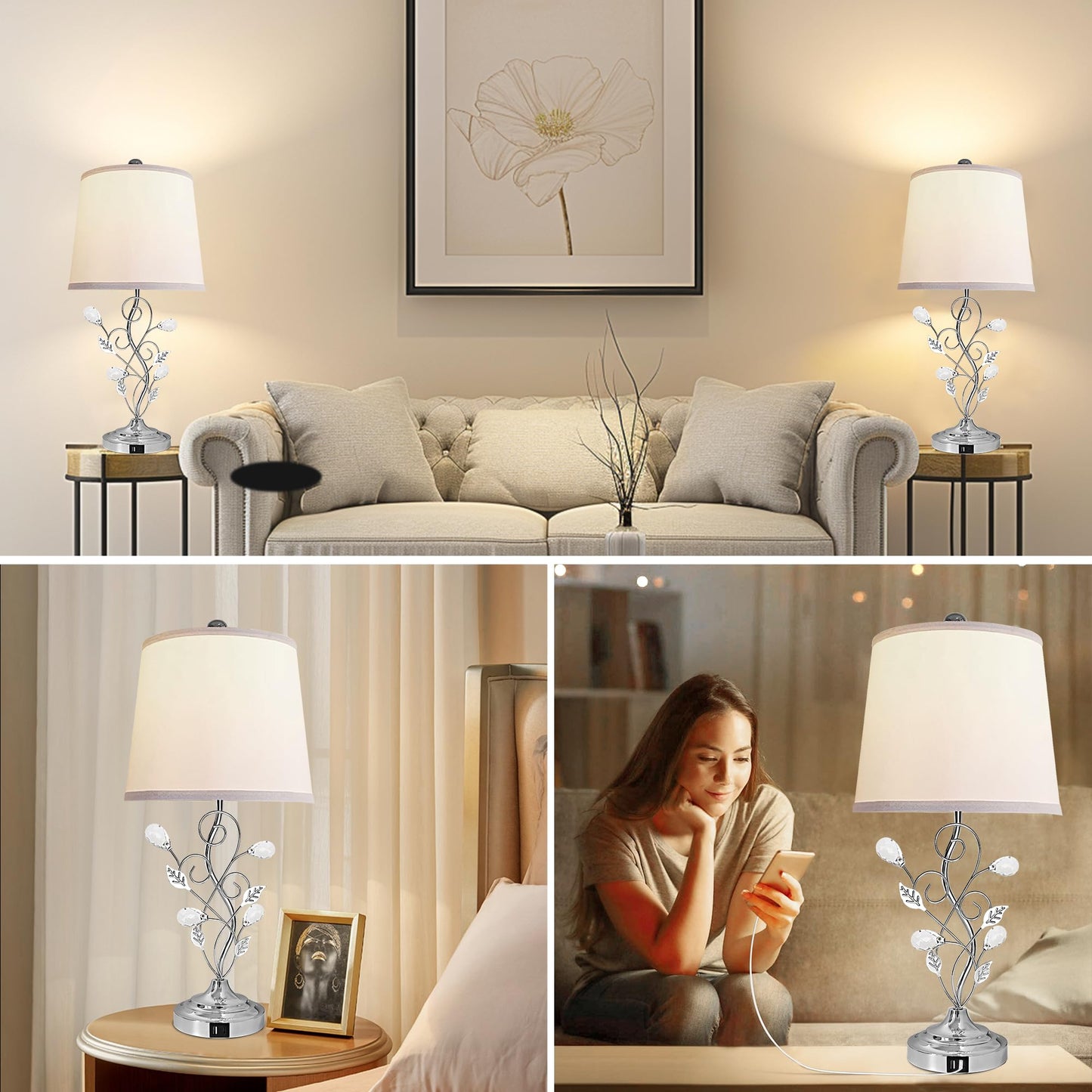 Sheetea 24.5in Modern Table Lamps - Set of 2, Silver with 2 USB Charging Ports, White Bedside Lamps for Nightstand, Unique Vine Leaf Design for End Table Reading