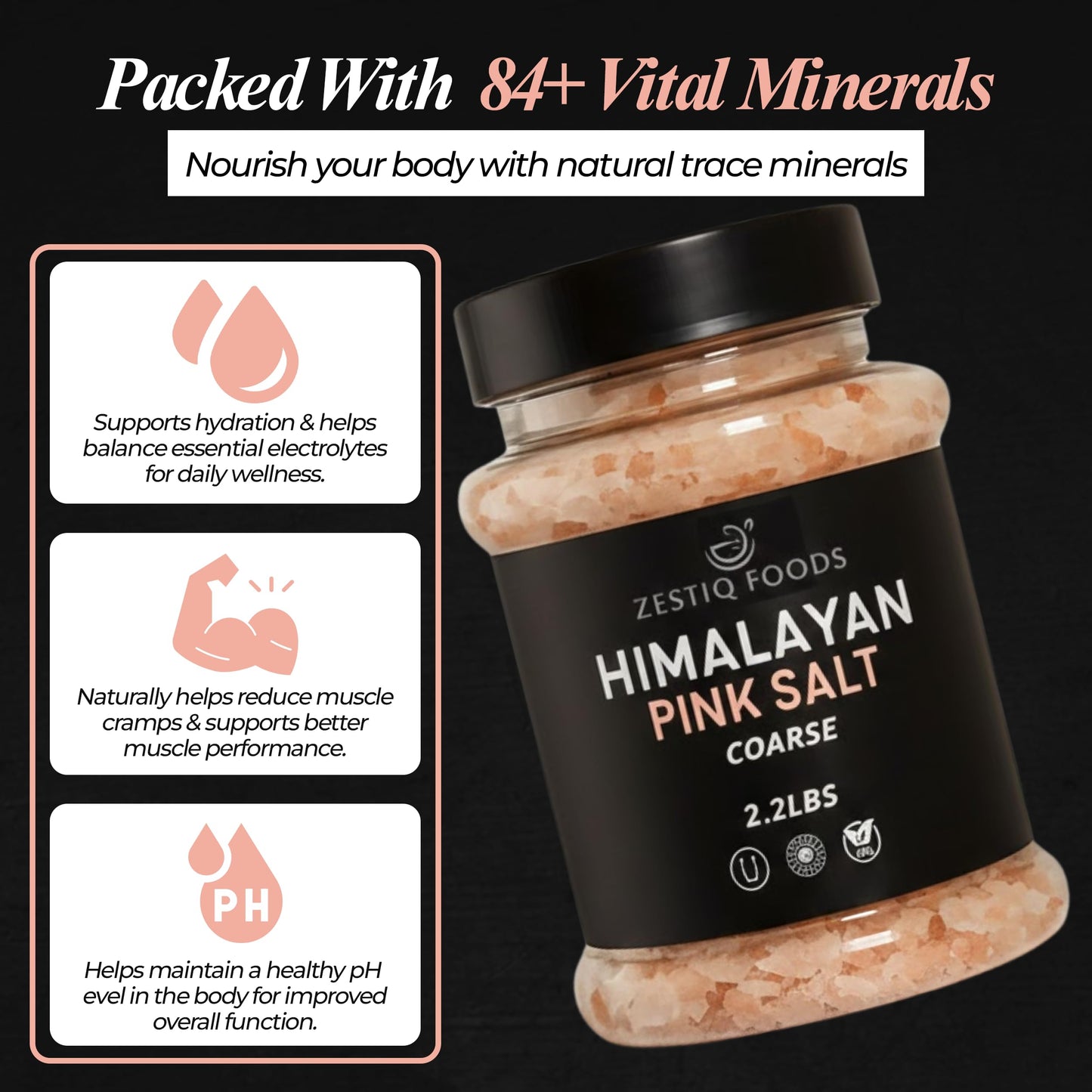 Zestiq Foods Himalayan Pink Salt – Natural, Kosher & Unprocessed Coarse Grain, 2.2 lb Jar, Rich in 84 Minerals for Cooking & Grinder Use