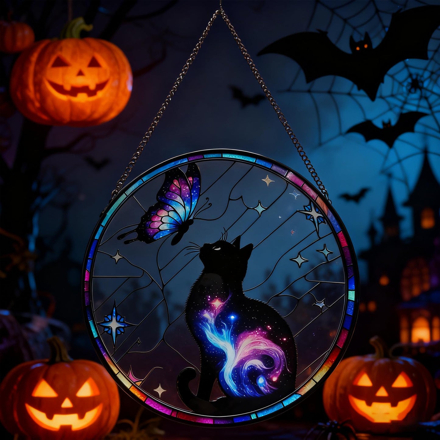 ZUSANG Black Cat Stained Glass Window Hanging, 9.8'' Black Cat & Butterfly with Nebula Design Suncatcher Indoor Outdoor Home Decor for Cats Lovers, Gift for Halloween