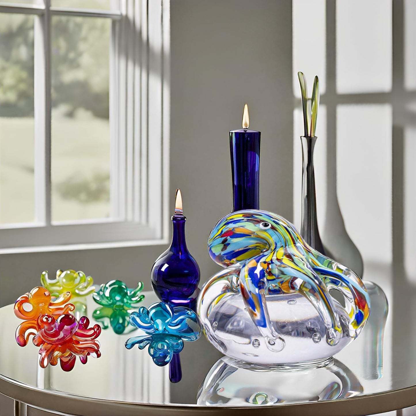 LLAVVD Hand Blown Art Glass Octopus Figurine on Crystal Ball | Handmade Sea Creature Collectible, Ocean Theme Desk Paperweight & Aquarium Decor (Turquoise)