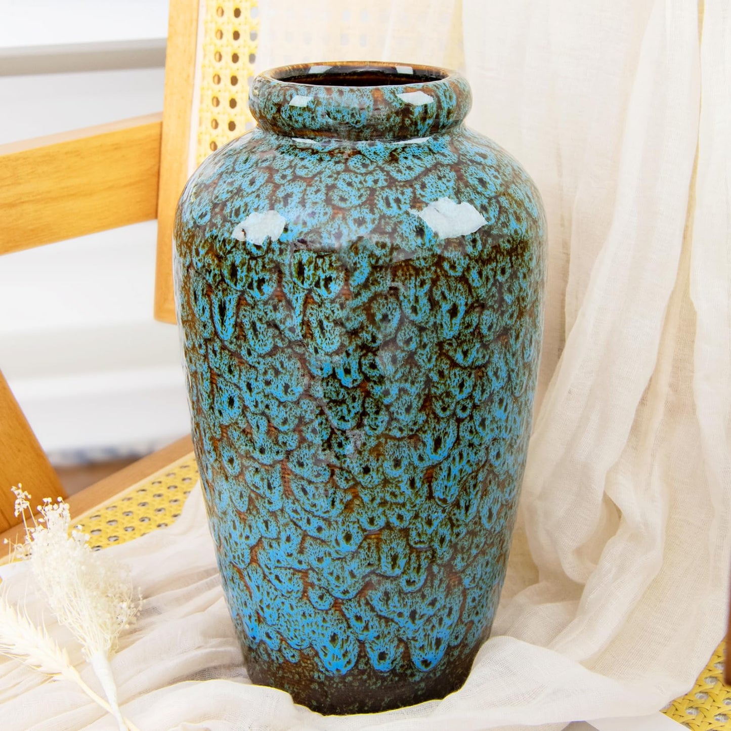 YINUOWEI Unique Ceramic Flower Vase, Modern Home Decor for Living Room, Tables, Shelves & Enterways,11Inch Tall Glaze Blue Vase Gift for Housewarming, Wedding, Birthday