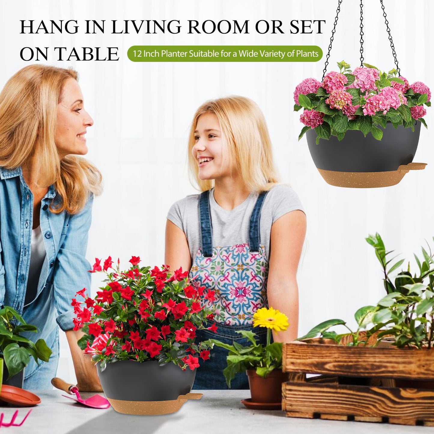 SQKH 12 Inch Hanging Baskets 2 PC with Chains, Self-Watering Hanging Planters for Indoor Outdoor Plants, Plastic Hanging Flower Pots,Black Brown