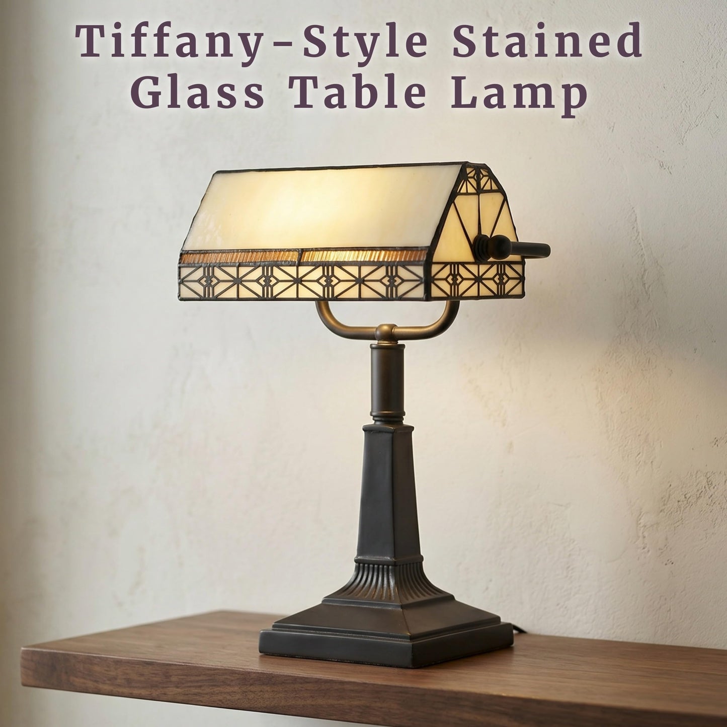 Lavish Home Tiffany-Style Bankers Lamp - Vintage-Looking Mission-Style Table or Desk LED Light with Stained Glass Shade (Dark Brown)
