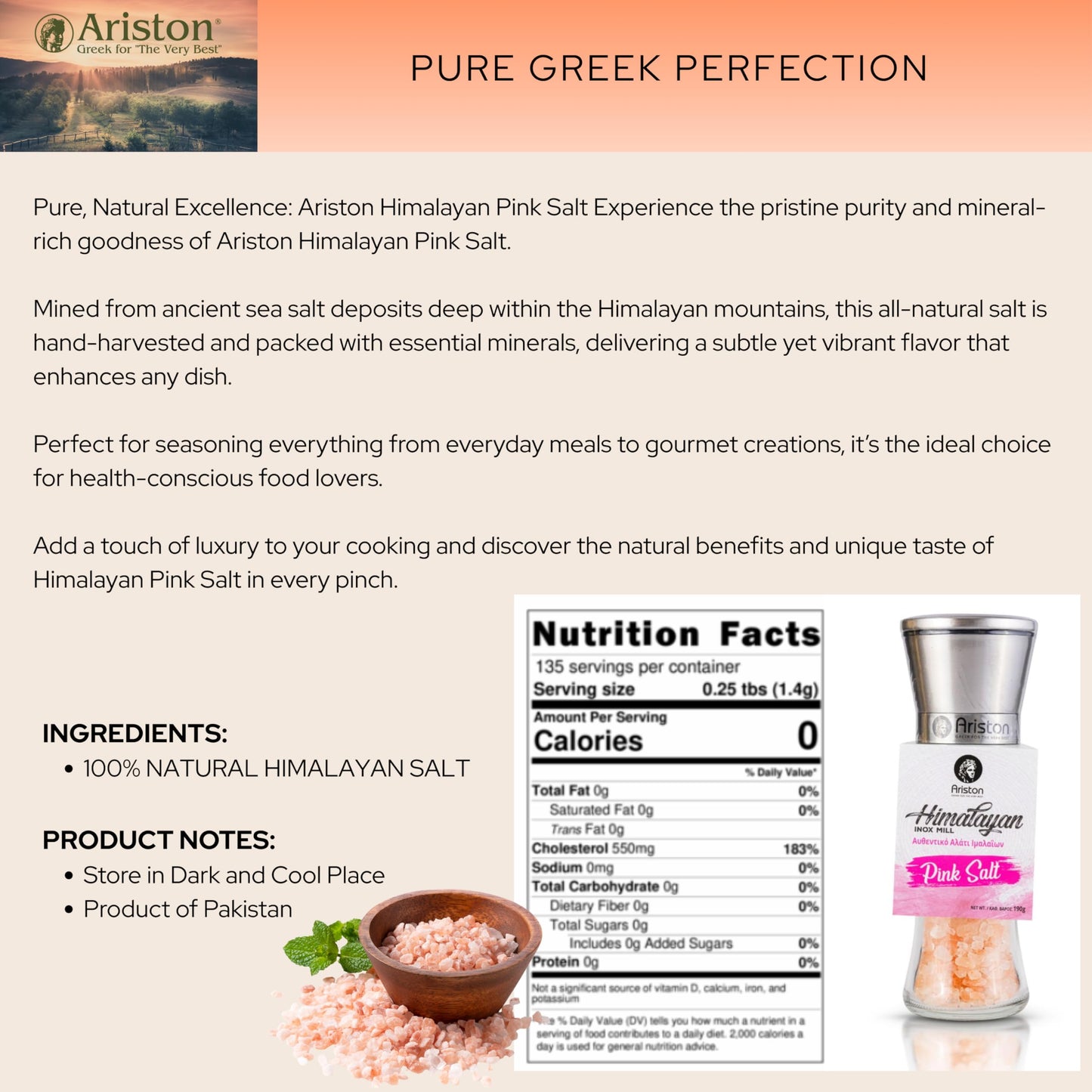 Ariston “The Very Best” Refillable Gourmet Himalayan Rock Salt Grinder – 6.7 oz (190 g) – Product of Greece – Authentic Himalayan Rock Salt