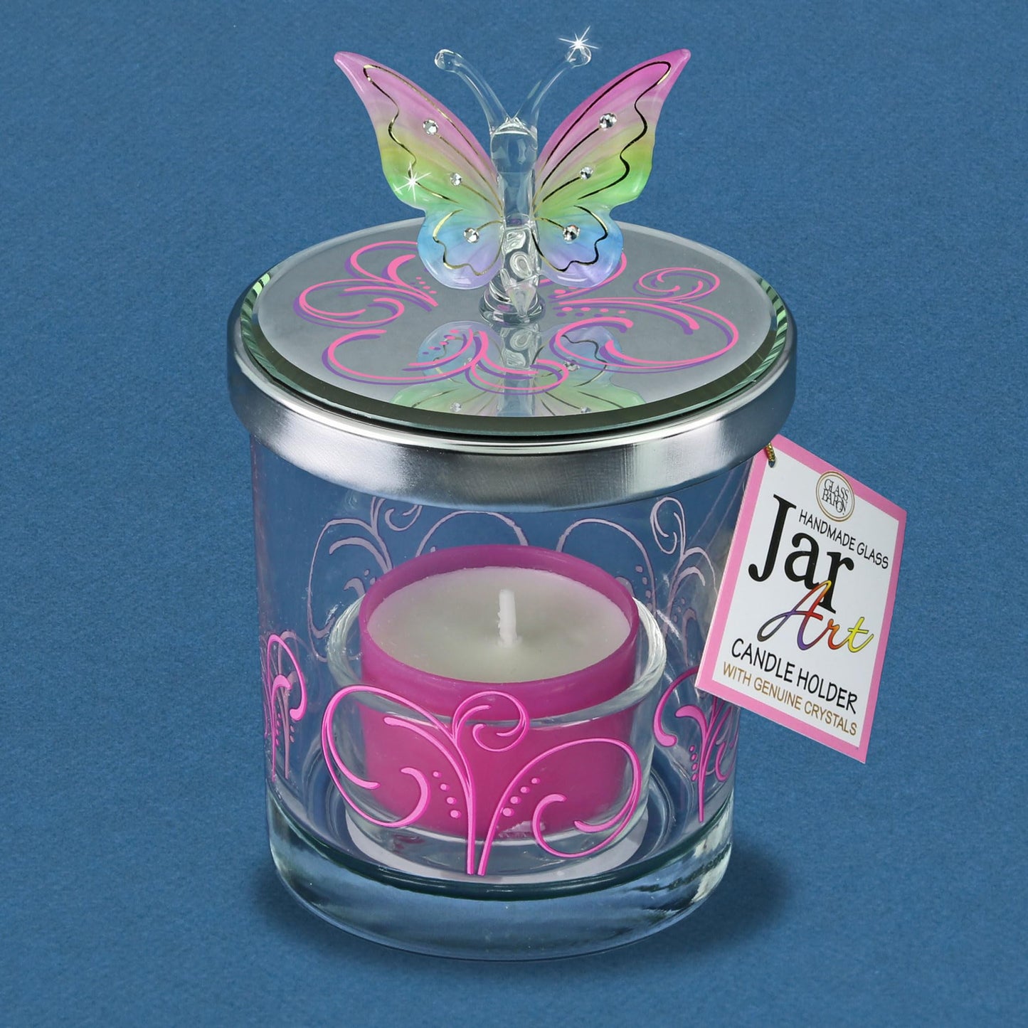 Glass Baron Candle Holder Jar, Blown Glass Rainbow Butterfly Lid with Austrian Crystal Accents, 5.5 x 3 inches