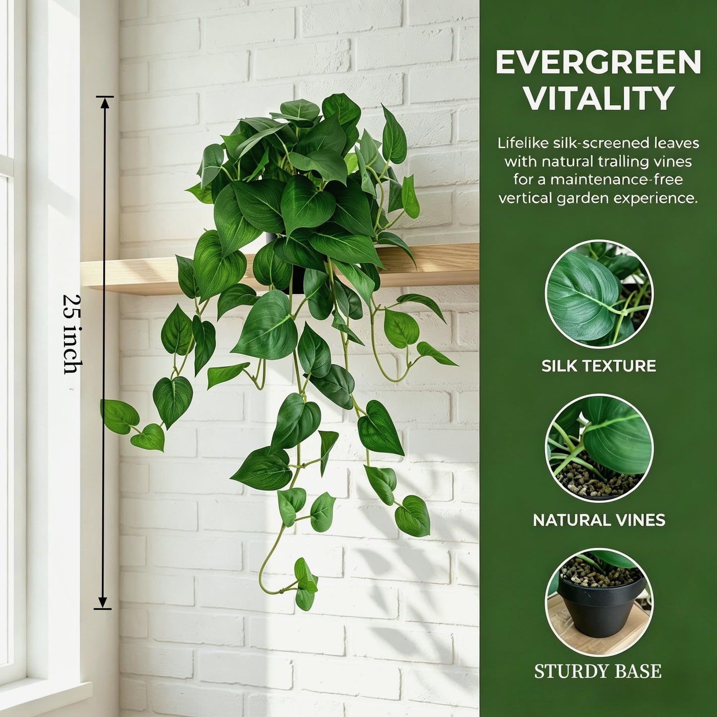 Artificial Pothos Hanging Plant, 25" Set of 2 Faux Ivy Vines with Pots