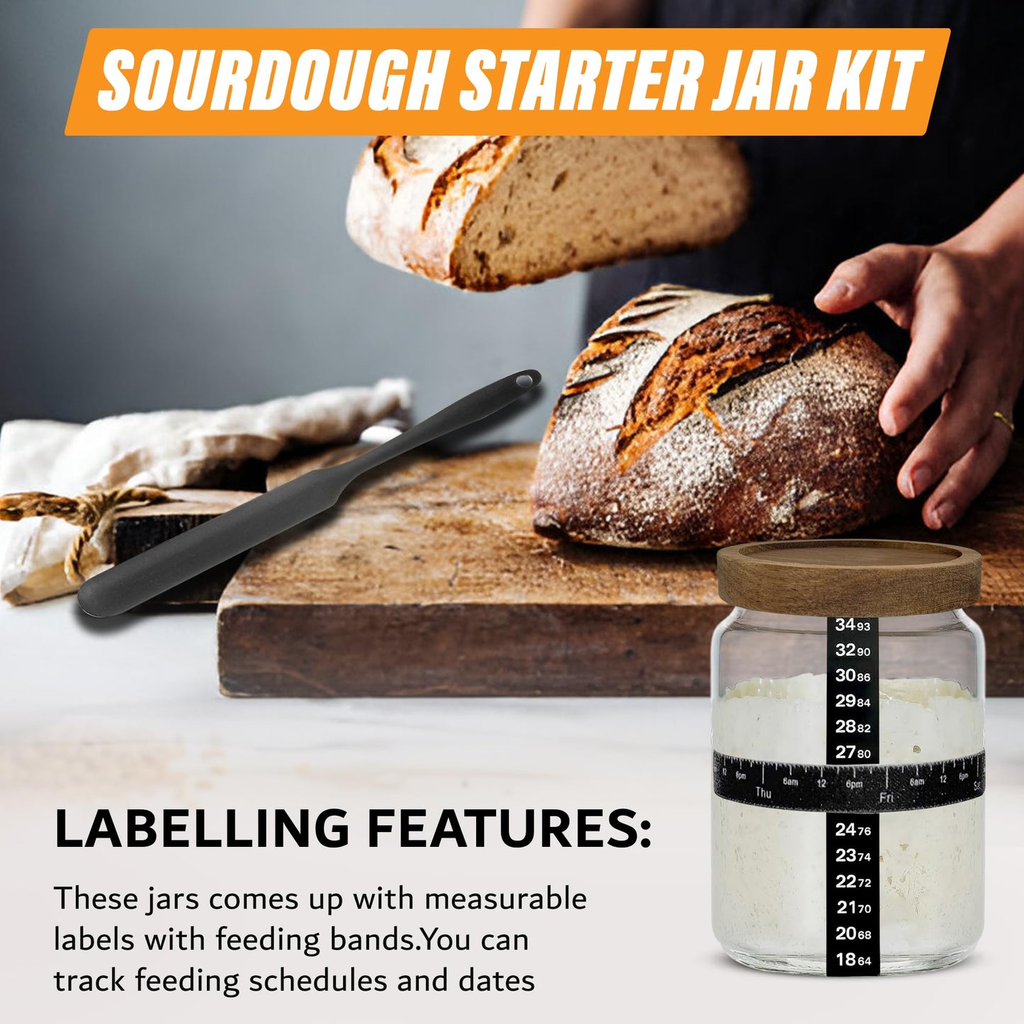 NAYYAB PRODUCTS Sourdough Starter Jar Kit Pack Of 2, 24oz Jar with Wooden lids, Ounce Scale Line, Silicon Scraper, Cloth Cover, Thermometer Sticker, Date Marked Feeding Band, Sourdough Jars