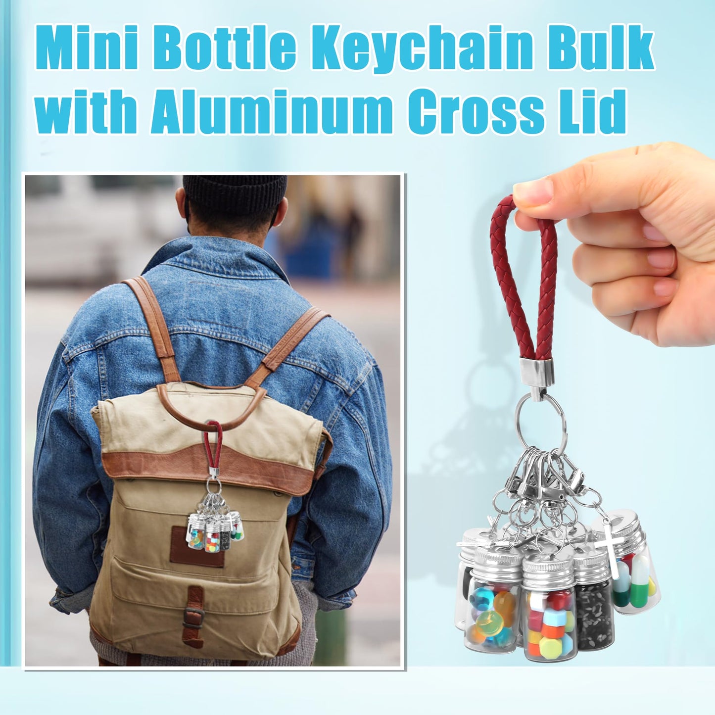 35 Pcs 7ml Small Glass Bottle Keychain Bulk with Leather Keyring Black Sticker, Mini Seasoning Bottles Metal Lid Tiny Glass Message Potion Bottles for DIY Wish Jars, Home & Travel Gifts