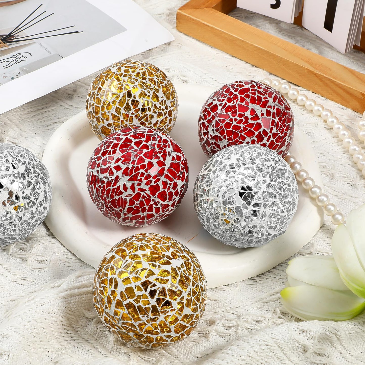 AOZUO 6 Pcs Decorative Balls for Bowls, 2.4 Inch Mosaic Sphere Balls Decorative, Mosaic Glass Orbs Centerpiece Balls Decoration for Vases Dining Table Home Living Room