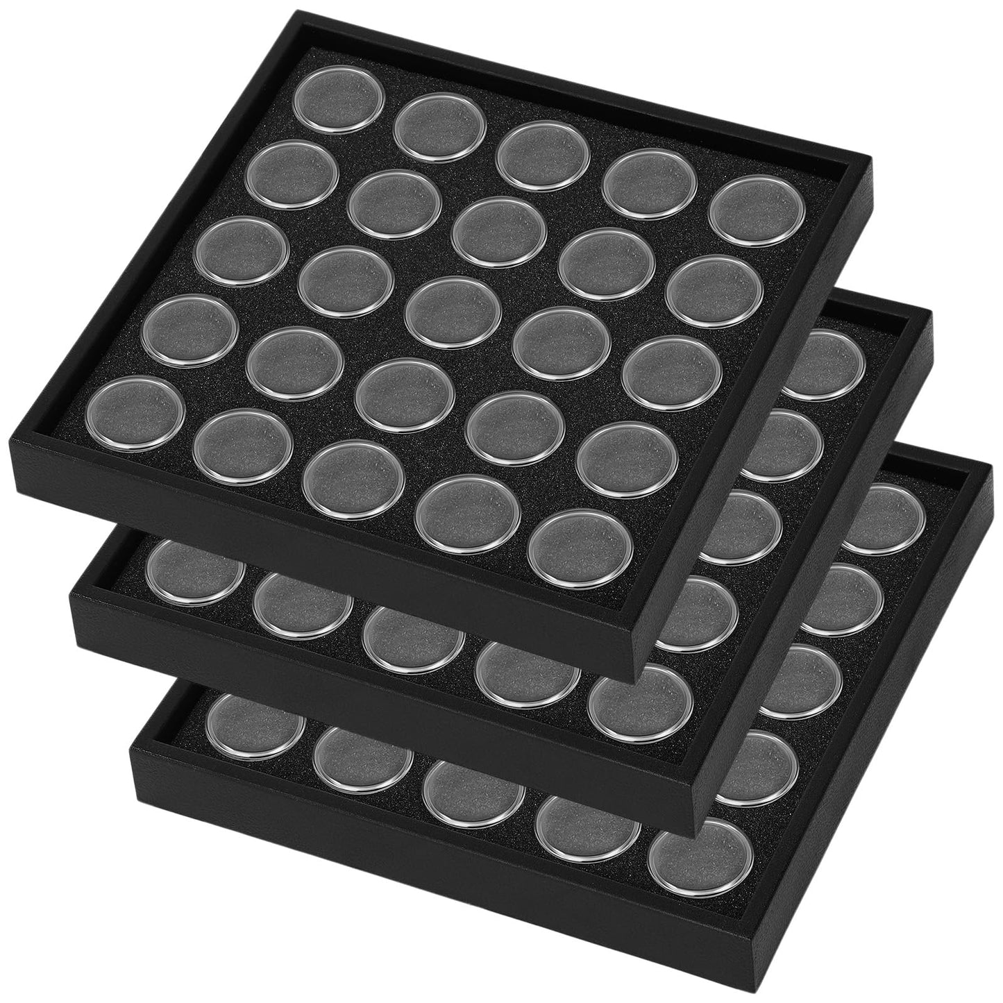Geelin 3 Pcs Gem Display 75 Case Gem Jars Small Size 8.0" x 8.0" x 0.75" Black Tray Foam Sheet Gemstones Storage Jars with Lids Insert Trays for Collectibles Jewelry Coins and Gemstone Storage