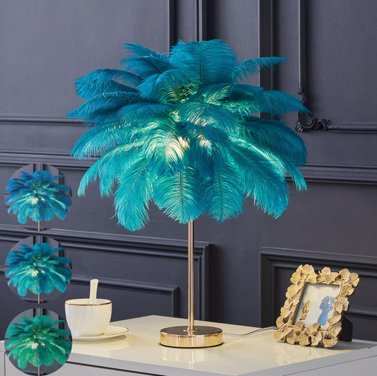 LINCWONZ White Ostrich Feather Lamp,3-Color Temperatures Table Lamps for Girls Bedroom Funky Unique Cute Bed Side Nightstand Gold Desk Light (Blue-Green)
