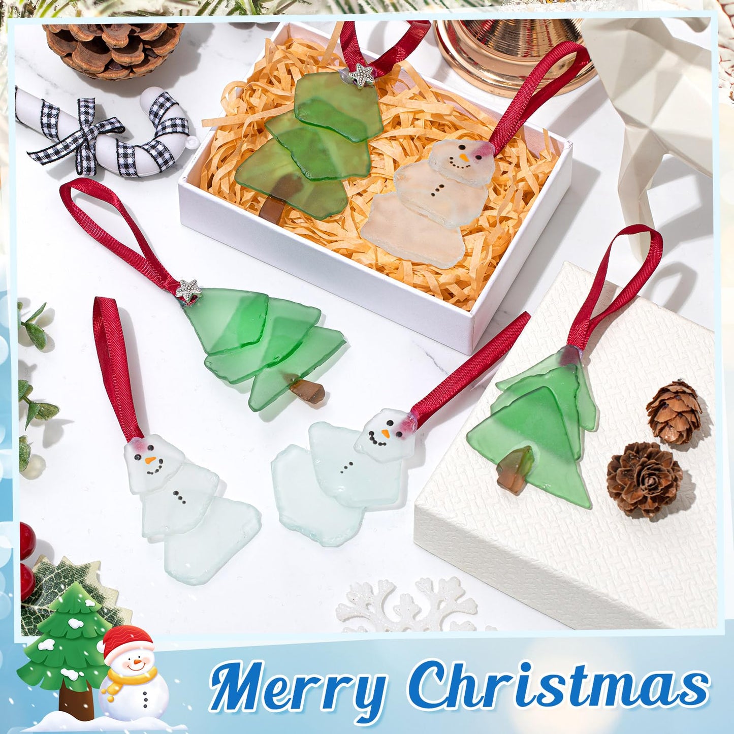 Zhehao 6 Pcs Christmas Tree Ornaments Sea Glass Christmas Tree and Sea Glass Snowman Crystal Xmas Craft Hanging Decoration Ocean Beach Seaglass Ornament Set for Xmas Party Home Decor