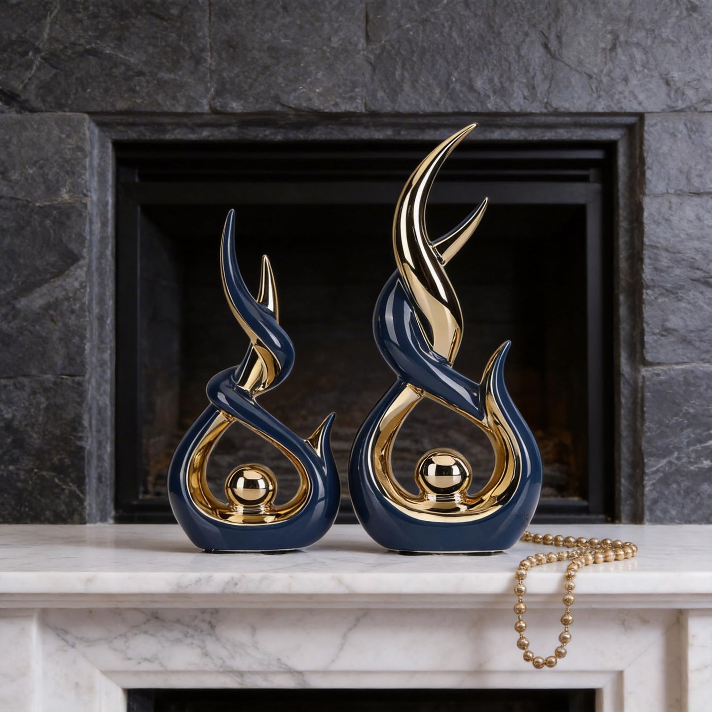 Blue and Gold Ceramic Abstract Sculpture Set of 2 Modern Medieval Style Sculpture Ideal for living room decor Serves as tabletop ornament for coffee tables, TV stands, mantelpieces, and entryways.