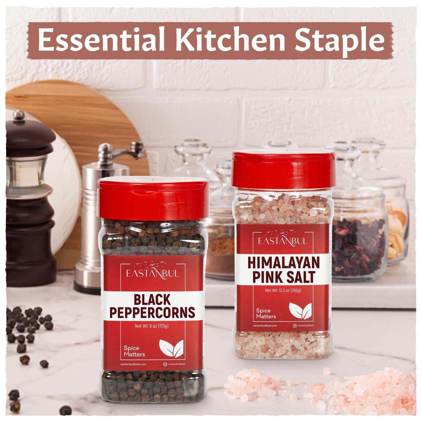 Eastanbul Salt and Pepper for Grinder Refill, Peppercorns Whole 6oz, Pink Himalayan Salt 12.3oz, Peppercorns for Grinder Refill, Himalayan Pink Salt and Pepper, Spice Buddies Series, Gift Box