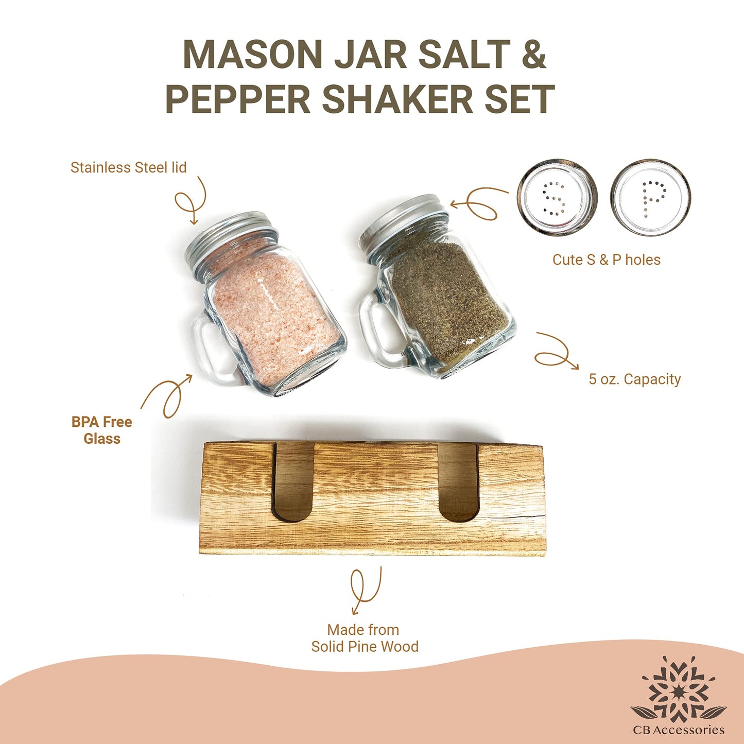 Mason Jar Salt and Pepper Shakers - Glass Shaker Set with Wood Holder Caddy, Easy to Clean & Refill for Farmhouse Kitchen Table, Home and Gifts