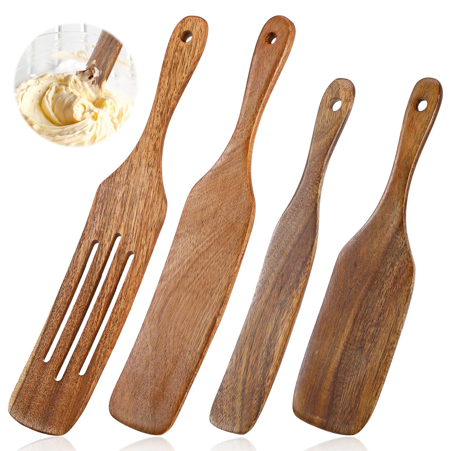 cobee 4PCS Wooden Spurtle Set, Teak Wood Spatula, Multipurpose Cooking Utensils for Non-Stick Cookware, Stirring, Scooping, Smashing, Serving
