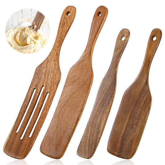 cobee 4PCS Wooden Spurtle Set, Teak Wood Spatula, Multipurpose Cooking Utensils for Non-Stick Cookware, Stirring, Scooping, Smashing, Serving