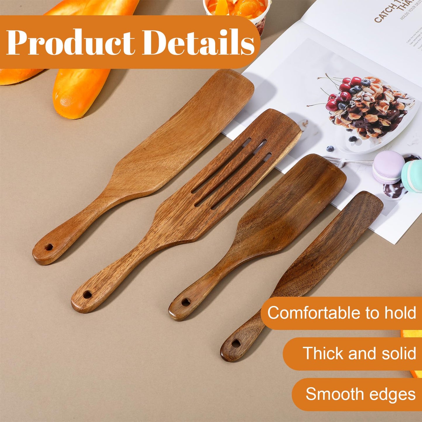 cobee 4PCS Wooden Spurtle Set, Teak Wood Spatula, Multipurpose Cooking Utensils for Non-Stick Cookware, Stirring, Scooping, Smashing, Serving