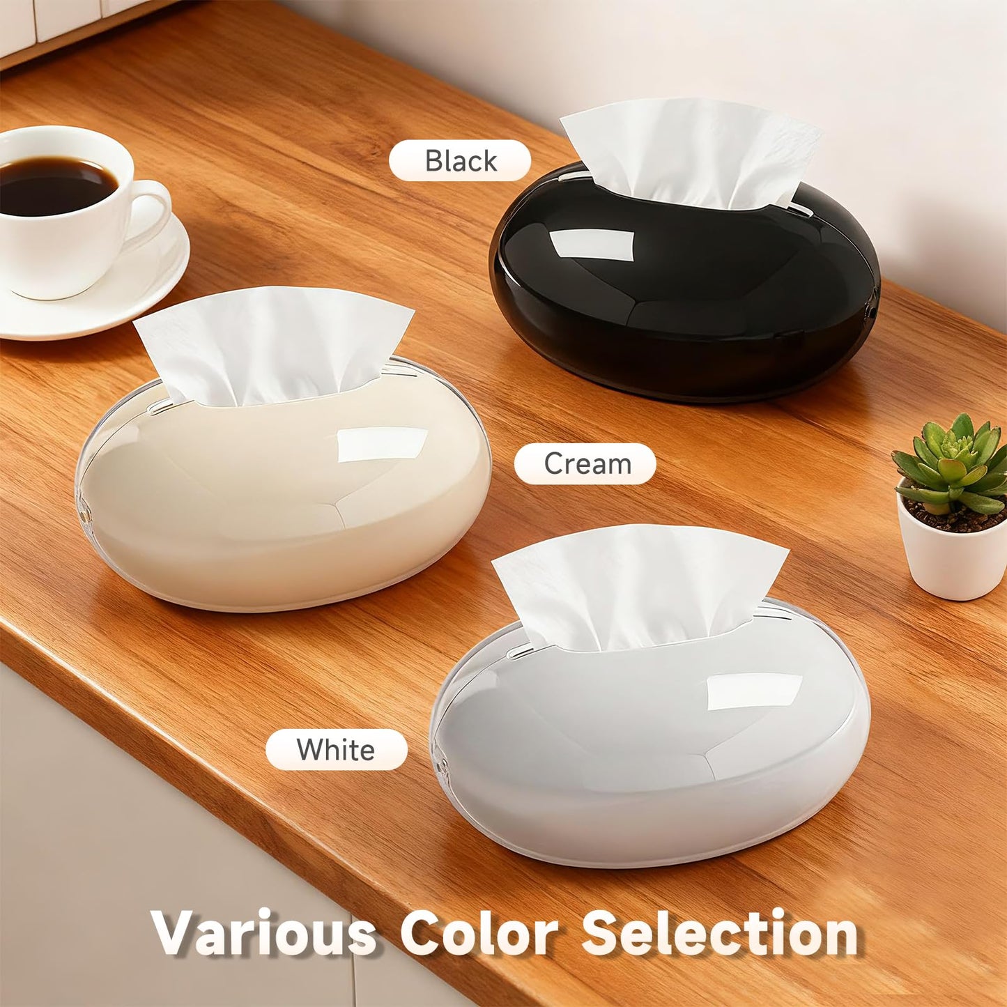 Acrylic Tissue Box Cover, Large Round Design with Non-Slip Base, Beige Decorative Holder for Bathroom, Living Room, Office (Black)