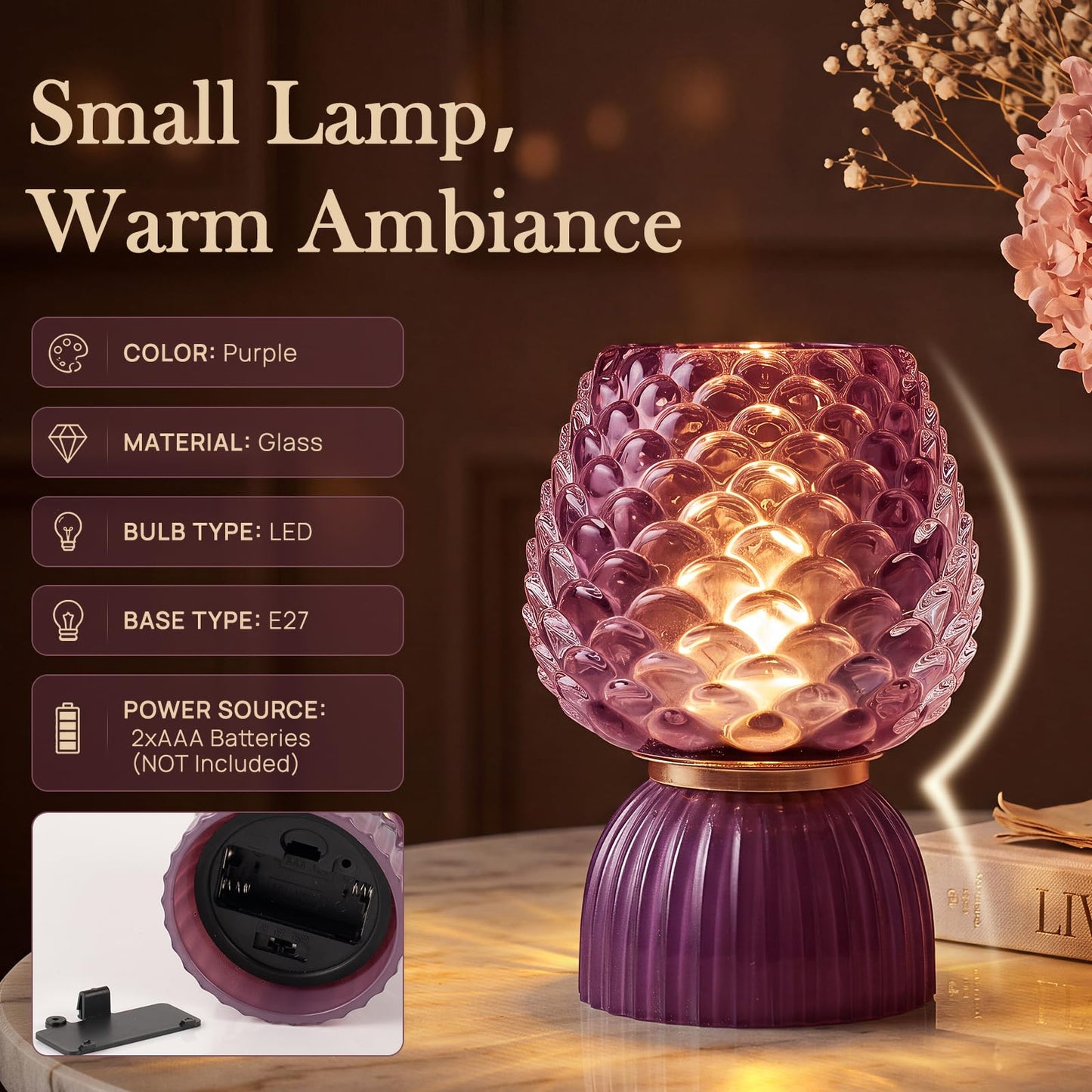 SisiHokai Battery Operated Lamp with Timer, Cute Small Cordless Glass Table Lamp for Home Decor, Kitchen, Bathroom, Birthday Gift for Women, Pinecone, Purple