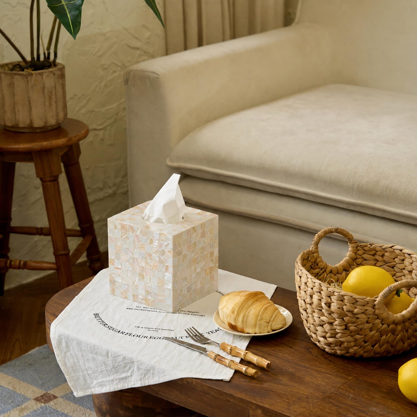 5.9” Mother of Pearl Tissue Box Cover for Kleenex and More – Handcrafted Square Tissue Holder with Sliding Bottom – Decorative Napkin Dispenser for Bathroom, Bedroom, Kitchen, Office