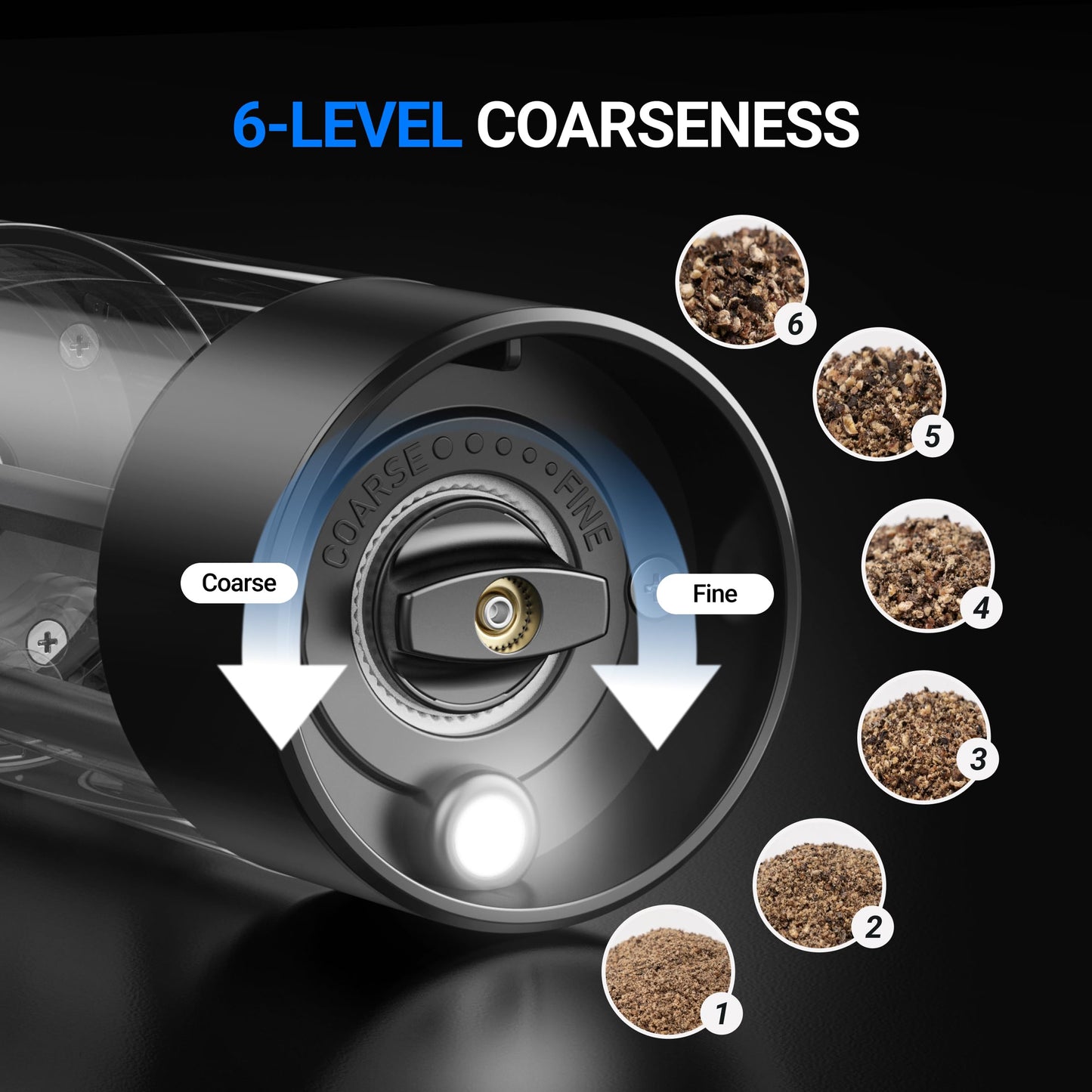 ThermoMaven Upgraded Larger Capacity Electric Salt and Pepper Grinder Set, 110ml Rechargeable Salt and Pepper Shaker with LED Light, 6 Adjustable Coarseness, Stainless Steel, Black & Silver