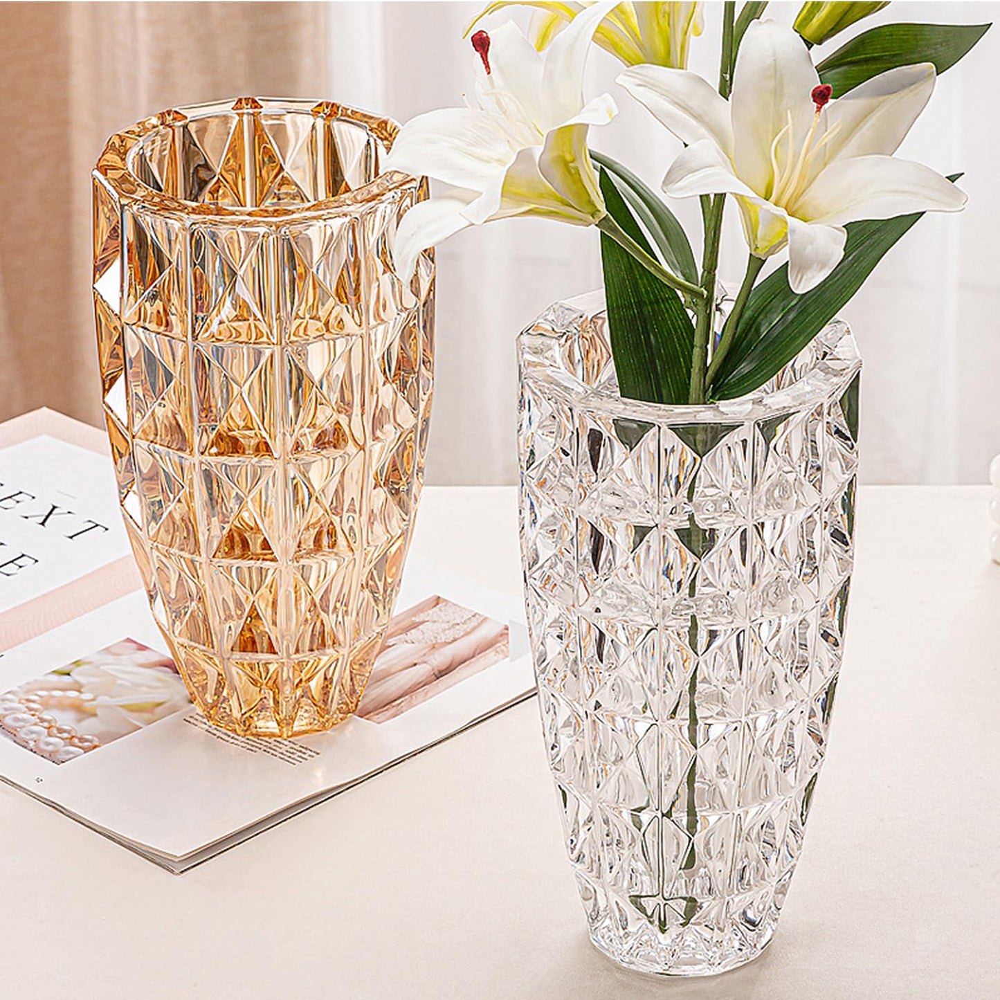 GIDARY Tall Vase,Large Vase, Clear Glass, H 10 inch,Weighs 3.3 LB,Heavy Diamond Check Pattern Crystal,for Home Decor,Bookshelf Decor,for Centerpieces (Amber)