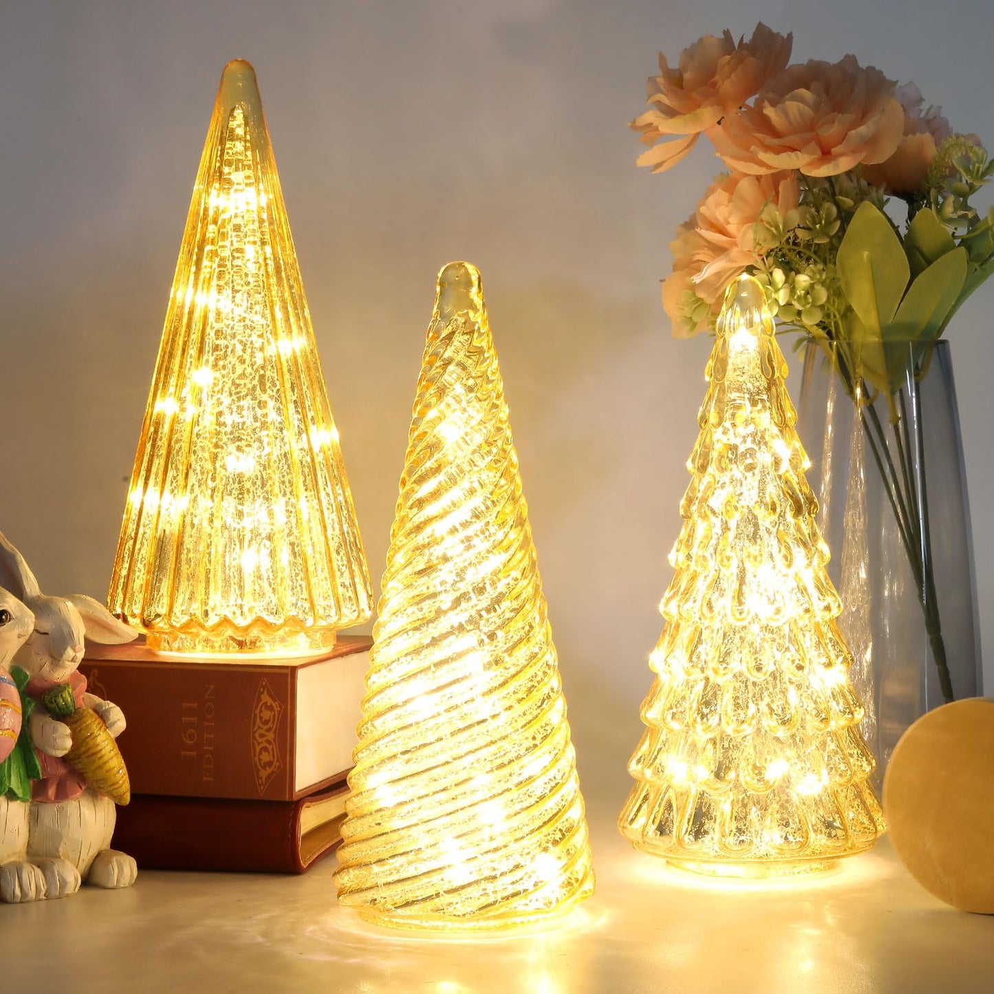 Table Top Christmas Tree Decorations with Fairy Lights,Gold Mercury Glass Finish, Holiday Table Centerpiece and Mantle Decor Set of 3 Assorted Trees