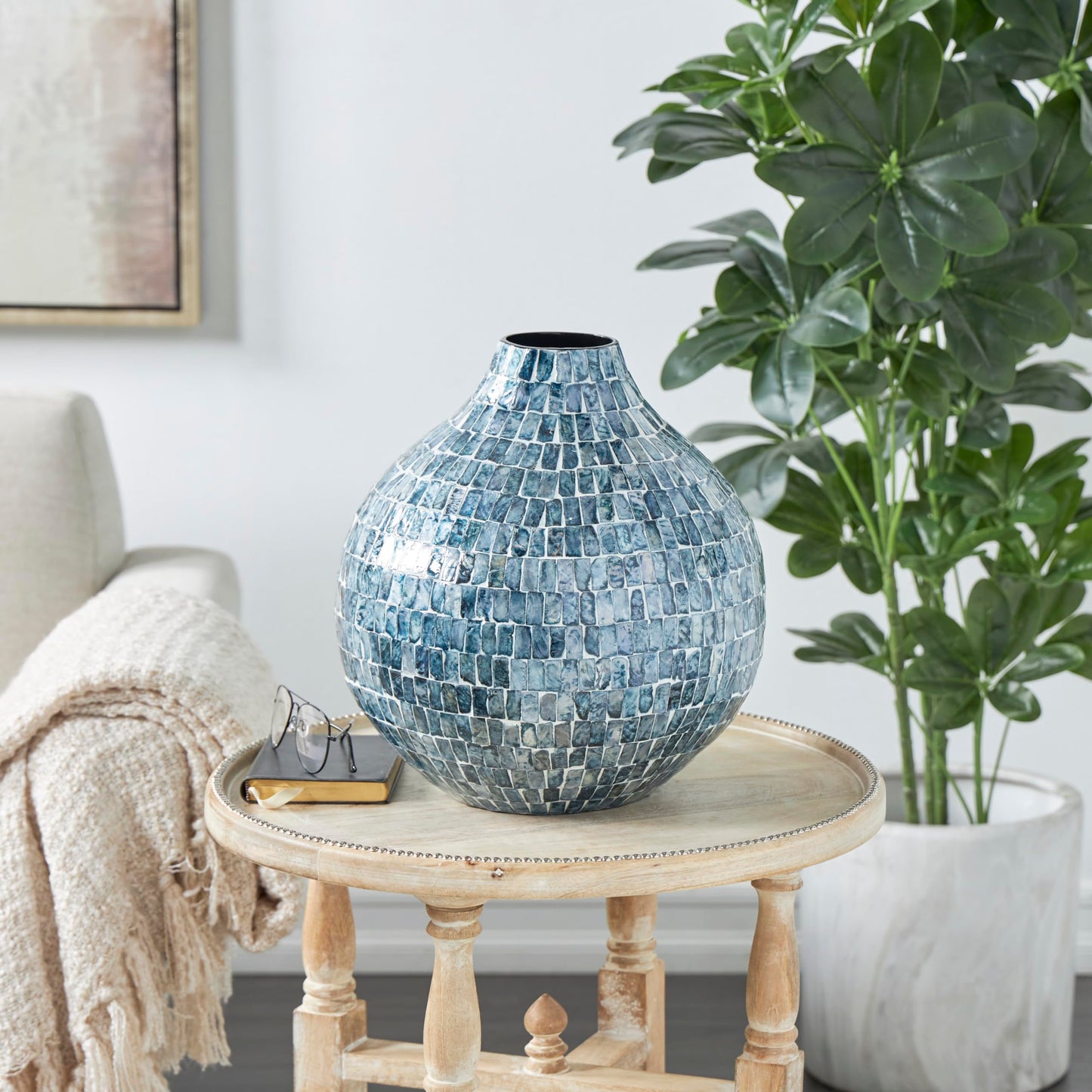 Deco 79 Mother of Pearl Shell Handmade Decorative Vase Mosaic Inspired Centerpiece Vase, Flower Vase for Home Decoration 13" x 13" x 14", Blue