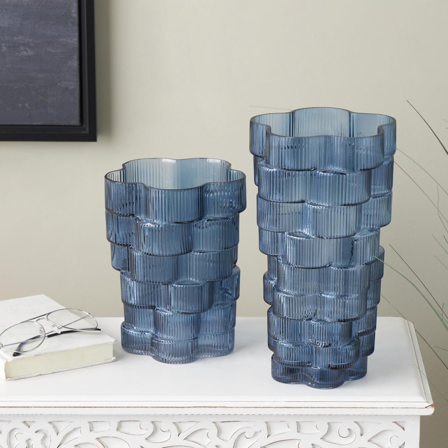 Deco 79 Glass Decorative Vase Stacked Flower Shape Centerpiece Vases, Set of 2 Flower Vases for Home Decoration 12", 9" H, Blue
