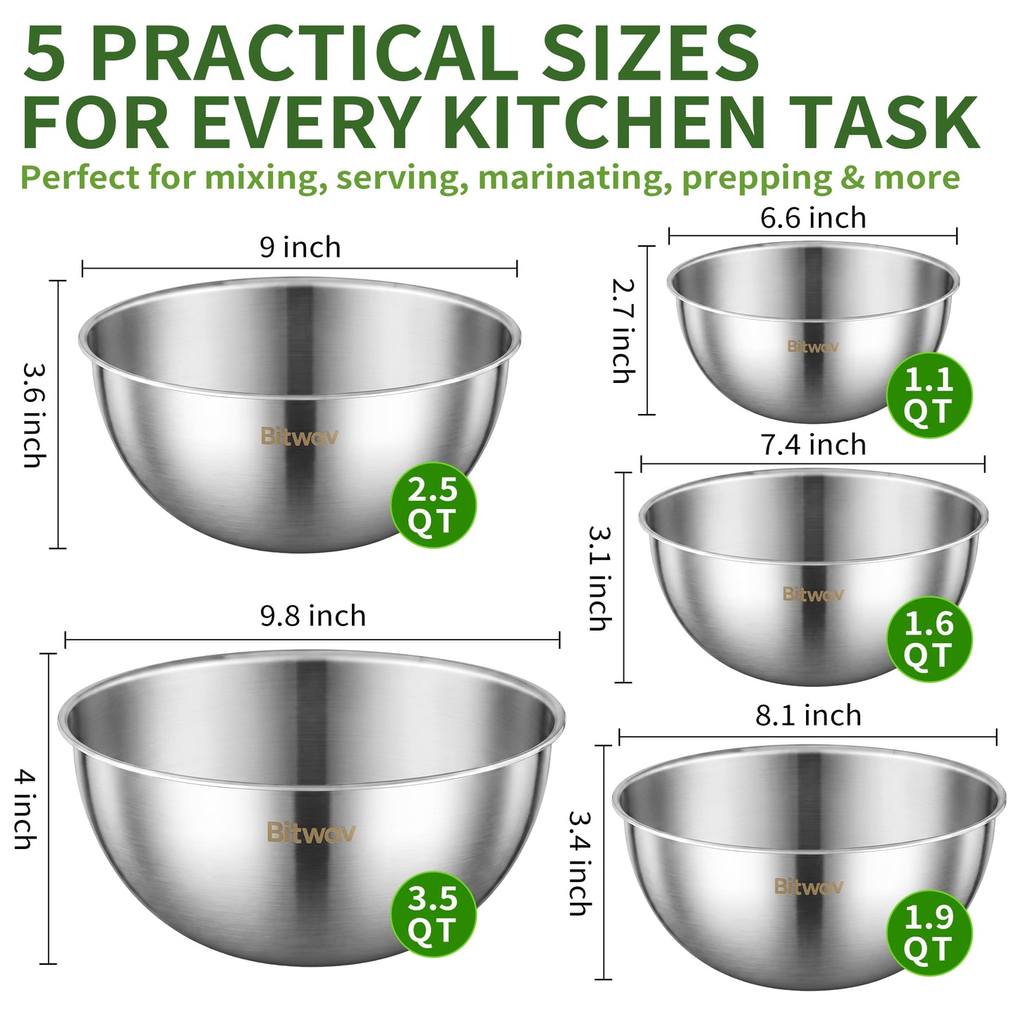 Bitwav 304 Stainless Steel Mixing Bowls Set of 5, 1.1/1.6/1.9/2.5/3.5 QT Food Grade Metal Bowls with Measurement Marks, Dishwasher Safe & Stackable Nesting for Baking, Salads, Meal Prep, RV & Camping